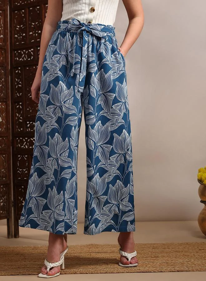 globus Women Blue Floral Printed Wide Leg Trousers